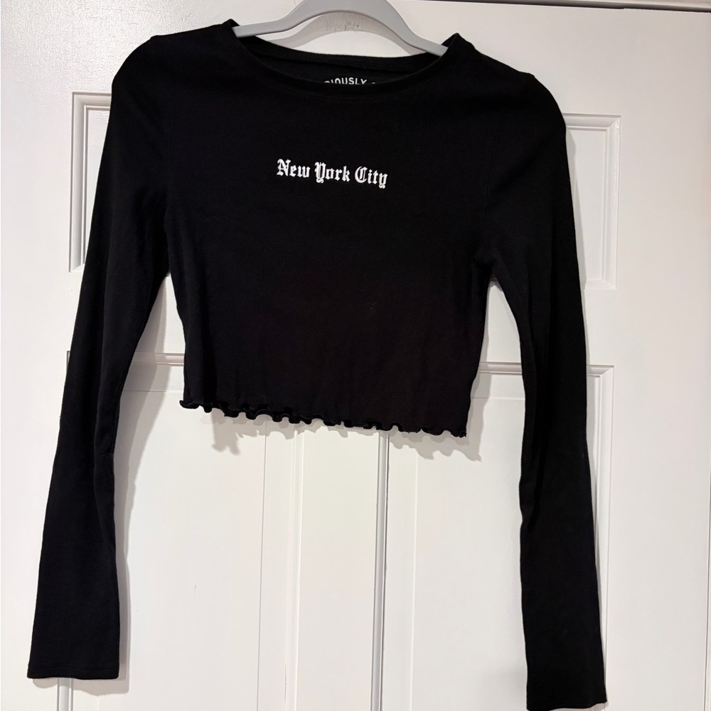 Aeropostale Seriously Soft Baby Tee NYC Crop Top Long Sleeve Black M